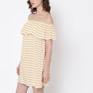 Beige/ Yellowish & White Striped Off-Shoulder A-Line Dress